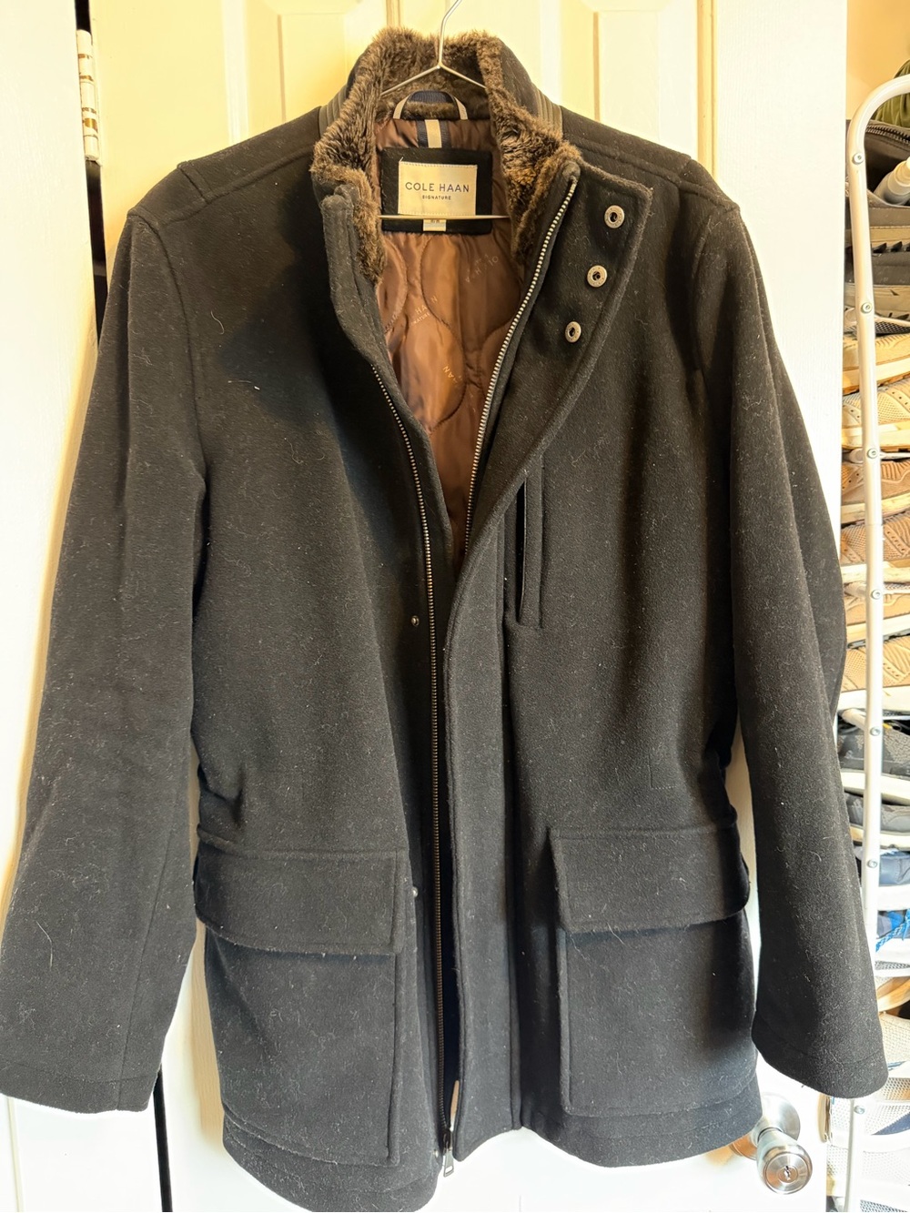 Cole Haan Black Wool-Blend Pea Coat with Faux-Fur Collar